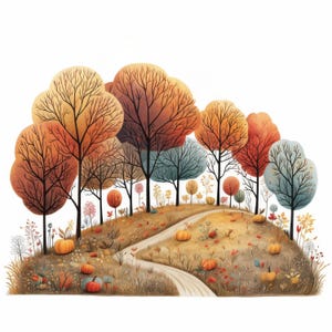 May include: A whimsical illustration of an autumnal woodland scene with colourful trees and a winding path. Pumpkins are scattered throughout the scene, adding to the autumnal ambience.