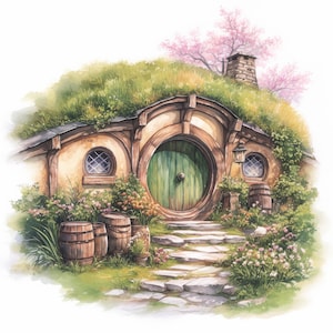 14 Whimsical Hobbit House Clipart, Commercial Use, Fairy Tale Fantasy, Watercolor JPGs, Instant Download, Fantasy Junk Journal, Paper Craft