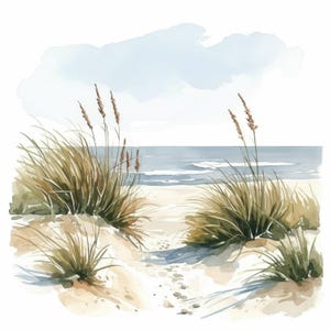 Könnte beinhalten: Aquarellmalerei einer Strandszene. Das Kunstwerk zeigt Sanddünen mit hohen, trockenen Gräsern in Braun- und Grüntönen. Das Meer und der Himmel sind in sanften Blautönen gehalten, mit einer hellblauen Wolke im Hintergrund. Fußabdrücke führen zum Wasser.