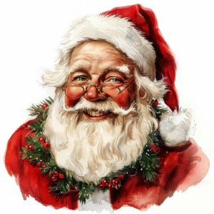 May include: Watercolor illustration of Santa Claus smiling, wearing a red hat and coat. He has a long white beard, gold-rimmed glasses, and a festive garland of greenery and red berries around his neck. A classic Christmas image.