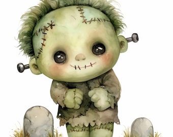 May include: A watercolor illustration of a cute Frankenstein's monster. The monster has green skin, stitched details, and a stitched smile. It is wearing tattered clothing and standing near two gray tombstones with grass.