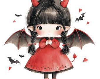 11  Cute Vampire Girl Clipart, Spooky Vampire Girl Illustration, Printable Watercolor Clipart, High Quality JPG, Paper Craft, Junk Journals
