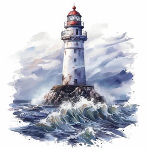 May include: Watercolor painting of a white lighthouse with a red top, standing on a rocky island. The lighthouse is surrounded by crashing waves and a stormy sky. The artwork has a soft, painterly style.