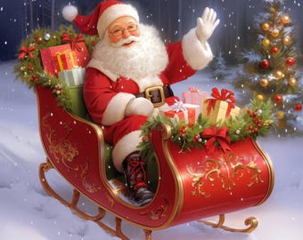 May include: Santa Claus in a red sleigh, waving with a smile. The sleigh is filled with wrapped gifts and greenery. A decorated Christmas tree stands in the background, with snow falling. Santa wears a red suit, hat, and black boots.