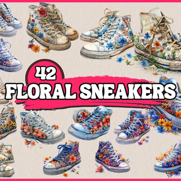 Watercolor Floral Sneakers Clipart Bundle, Flower Shoes Clip Art Set, Teen Fashion Clipart PNG Graphics Illustration, Digital Download Print