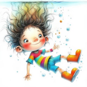 May include: A cartoon illustration of a child floating underwater. The child has brown hair, rosy cheeks, and is wearing a rainbow striped shirt, blue shorts, and orange boots. Bubbles float around the child.