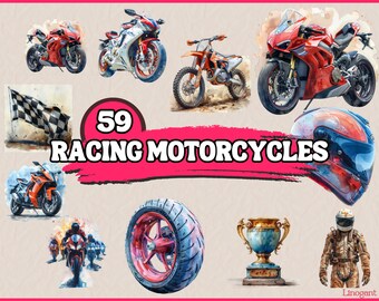 Watercolor Racing Motorcycles Clipart Bundle, Motor Racing Clip Art Set, Super Sports Motorbike Biker PNG Graphics,  Digital Illustrations