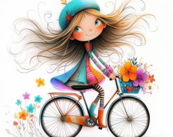 Whimsical Bicycle Girl Clip Art 10 High Res Watercolor JPGs Junk Journals, Scrapbooking, Card Making, Digital Download Kit, Fantasy, Quirky