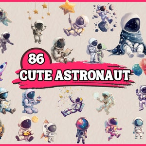 Bundle di clipart di astronauti carini ad acquerello, set di clipart per decorazioni per la cameretta dei bambini, grafica PNG per baby shower, illustrazioni di tute spaziali, toni pastello accoglienti