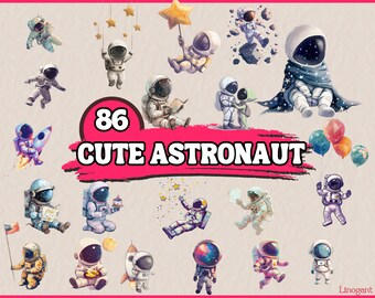 Op de afbeelding: 86 schattige Astronaut Clipart-afbeeldingen. Een verzameling van kleurrijke cartoon-astronauten in verschillende poses, waaronder het vasthouden van een verjaardagstaart, een kaart en een raket. Sommige astronauten dragen ruimtepakken, terwijl anderen gewone kleding dragen. Er zijn ook wat sterren en planeten op de achtergrond.