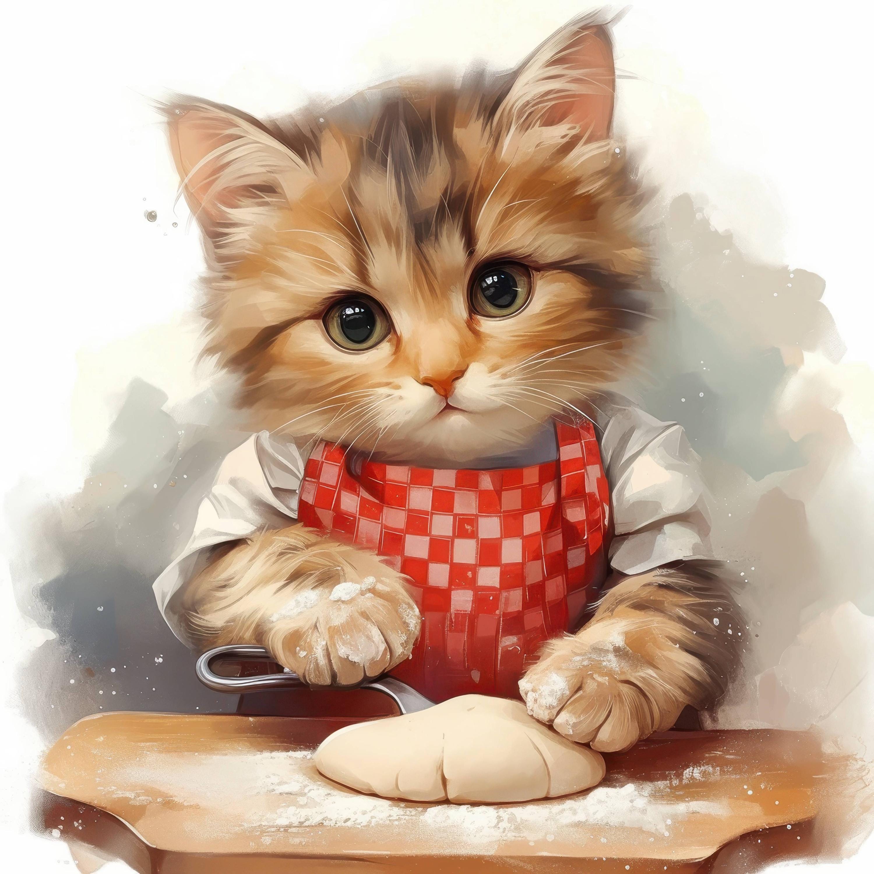 パンをこねる猫のクリップアート22点セット、愛らしいパン焼き猫の