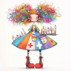 Puede incluir: Una ilustraci&oacute;n colorida de una enfermera de dibujos animados con cabello arco&iacute;ris, vistiendo un vestido blanco y rojo con un patr&oacute;n de cruz, sosteniendo una bandeja de botellas de colores.