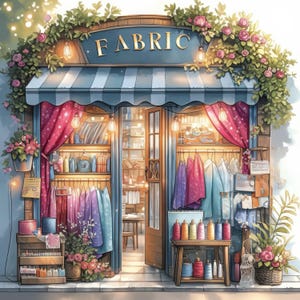 May include: An illustration of a fabric shop with a blue awning and the word "FABRIC" above the entrance. The shop is decorated with flowers and string lights. Inside, colorful fabrics hang on racks, and spools of thread are displayed on a wooden table.