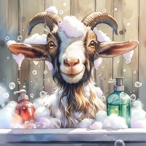 May include: A brown and white goat with a white beard is taking a bath in a tub. The goat has a happy expression on its face and is covered in white bubbles. There are two bottles of soap on the edge of the tub.