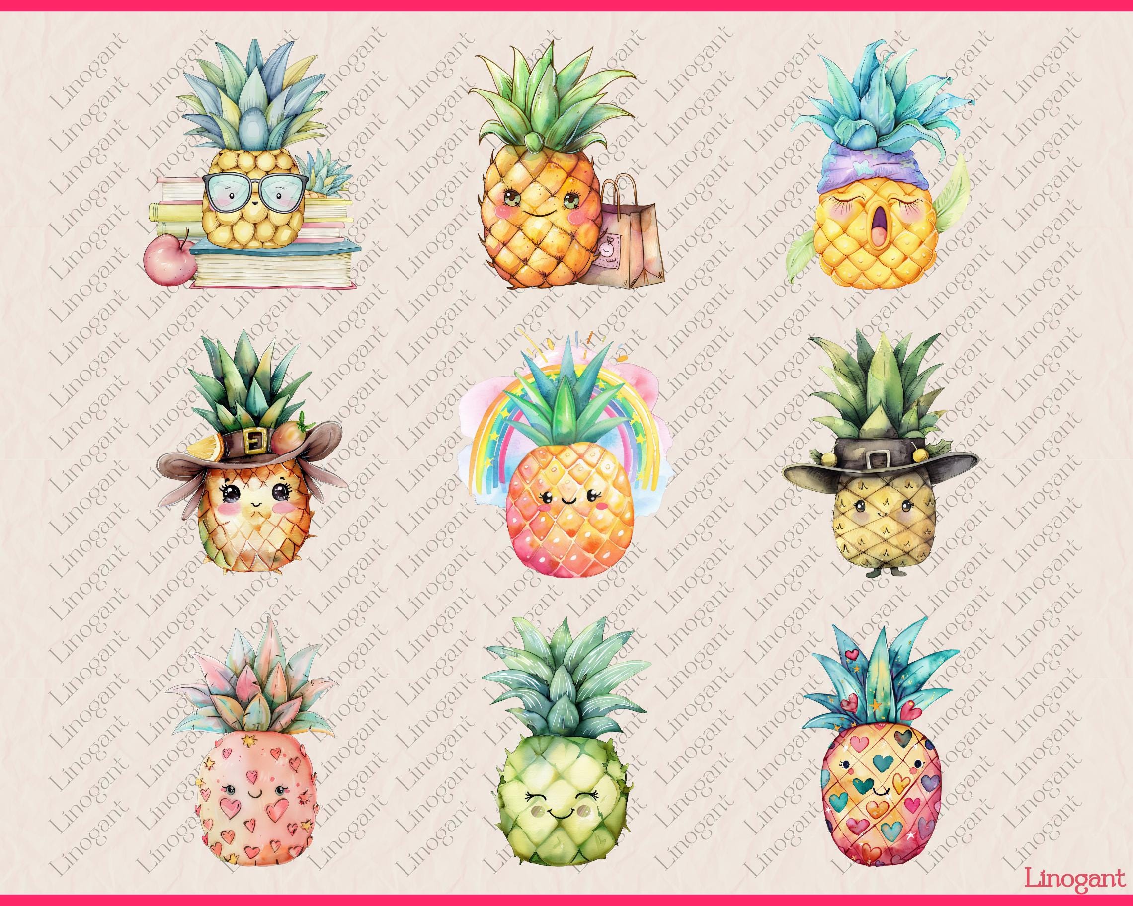 Watercolor Kawaii Pineapple Clipart Bundle, Cute Tropical Fruit Clip