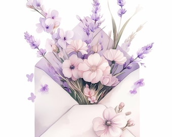 Op de afbeelding: Waterverfillustratie van een witte envelop vol met een boeket bloemen. De bloemen zijn in roze en paarse tinten, met lavendel en kleine vlinders. Een delicaat en romantisch ontwerp.