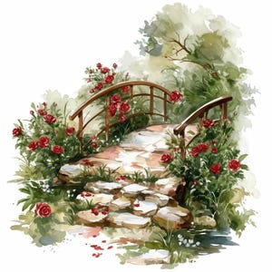 May include: Watercolor painting of a stone path leading to a wooden bridge. Red roses bloom on either side of the path and bridge, with green foliage and a tree in the background. The scene evokes a peaceful garden setting.
