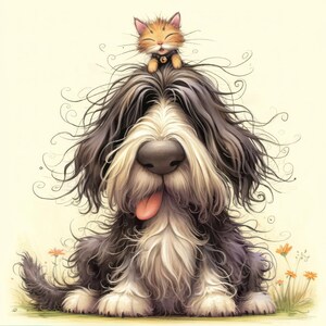 Op de afbeelding: Een cartoonillustratie van een harige zwart-witte hond met een kleine oranje kat die op zijn kop zit. De hond heeft een brede glimlach en zijn tong steekt uit. De kat kijkt de kijker aan met een gelukkige uitdrukking.