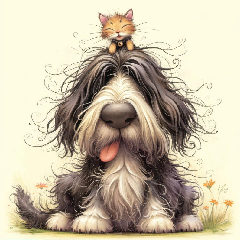 Op de afbeelding: Een cartoonillustratie van een harige zwart-witte hond met een kleine oranje kat die op zijn kop zit. De hond heeft een brede glimlach en zijn tong steekt uit. De kat kijkt de kijker aan met een gelukkige uitdrukking.