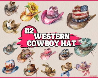 Watercolor Western Cowboy Hat Clipart Bundle, Cowgirl Hat Clip Art Set, Wild West Clipart, Western Fashion, PNG Graphics, Instant Download