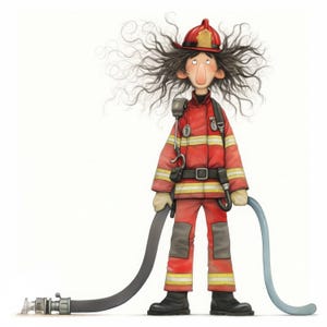 May include: A cartoon illustration of a female firefighter with long, curly hair wearing a red fire suit and a helmet. She is holding a fire hose in her right hand and looking up.