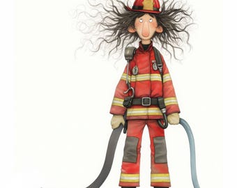 11 Cartoon Firefighter Clipart Bundle – Whimsical Watercolor Illustrations For Junk Journals, Scrapbooking, Card Making,Digital Download JPG