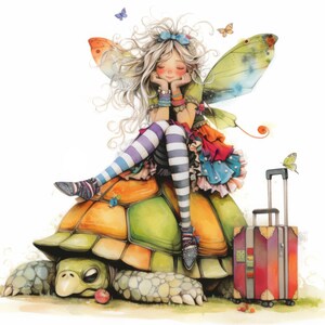 Quirky Turtle Transport Clip Art 10 High Res Watercolor JPGs Junk Journals, Scrapbooking, Card Making, Digital Download, Fantasy, Whimsical