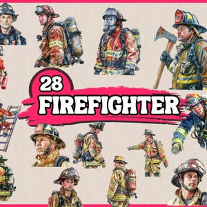 May include: A collection of 28 watercolor illustrations of firefighters in various poses and wearing different gear. The illustrations are in a cartoon style and feature a variety of colors, including red, yellow, blue, and black.