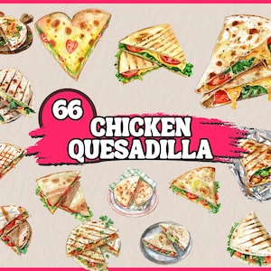 Puede incluir: Una colección de 66 ilustraciones de acuarela de quesadillas de pollo. Las quesadillas se muestran en varias formas y tamaños, con diferentes rellenos y coberturas. Algunas de las quesadillas están dobladas por la mitad, mientras que otras están abiertas. Las ilustraciones son coloridas y realistas, y serían perfectas para usar en un libro de cocina, un libro de recetas o un blog de comida.