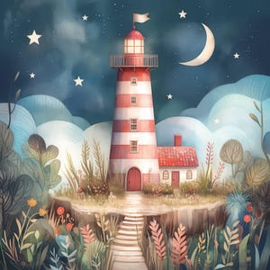 Moonlit Coastal Lighthouse Clip Art 10 High Res Watercolor Jpgs Junk ...