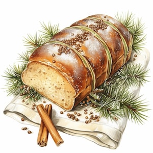 Op de afbeelding: Een feestelijk brood, bestrooid met poedersuiker en versierd met groene linten en peperkorrels, ligt op een witte doek. Kaneelstokjes en dennentakken maken de opstelling compleet. Het brood heeft een goudbruine korst en een zacht binnenste.