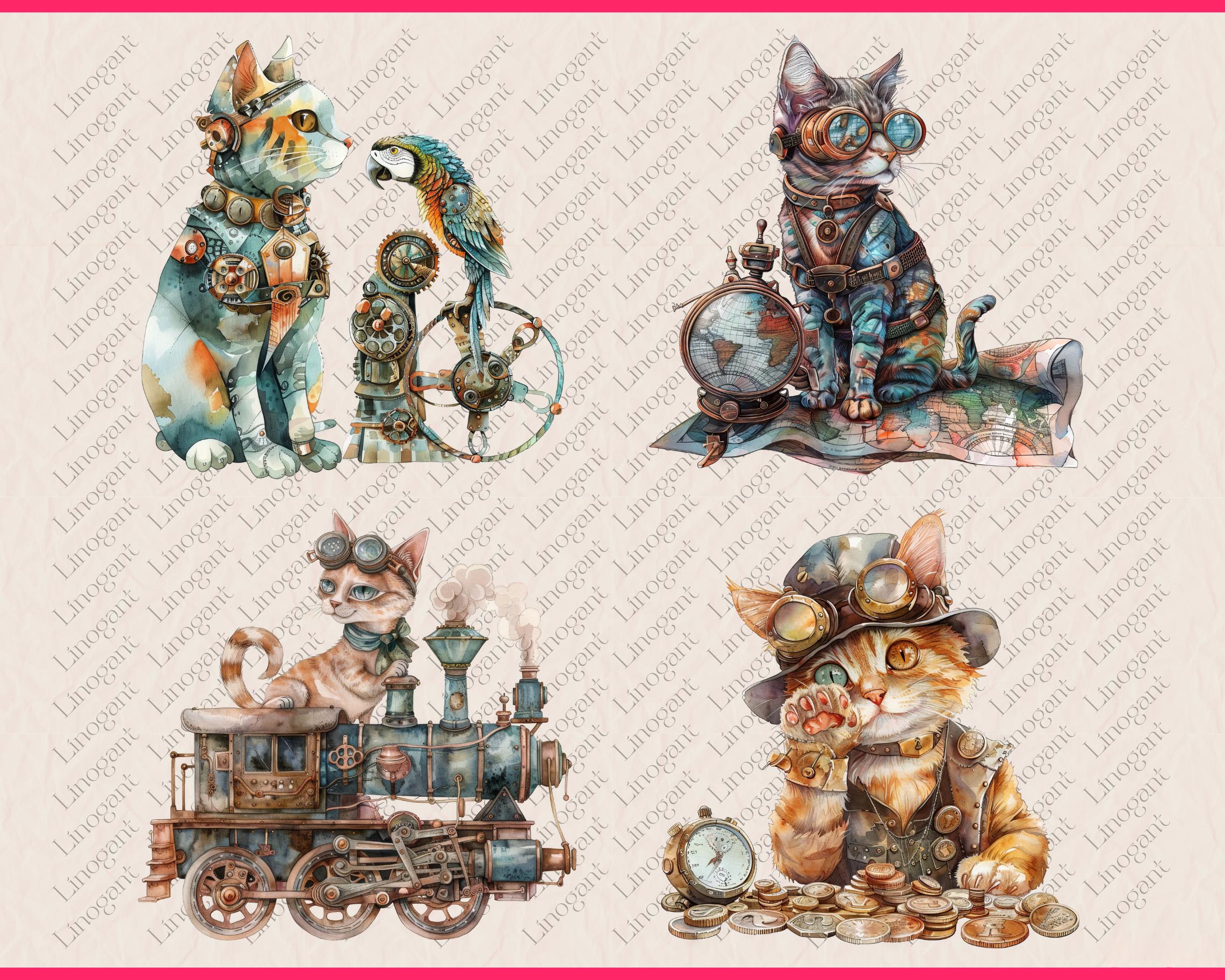 18 PNG Steampunk Cat Clipart, Victorian Cat Clipart, Watercolor Antique ...