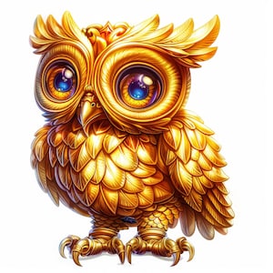 Shiny Golden Owls Clip Art 10 High Res Watercolor JPGs, Junk Journals, Scrapbooking, Card Making, Digital Download, Fantasy, Whimsical Bird