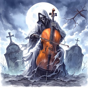 Musical Grim Reaper Clip Art 10 High Res Watercolor JPGs Junk Journaling, Scrapbooking, Card Making, Digital Download, Halloween, Whimsical