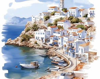 17 Greece Seaside Scenes Clipart Bundle, Coastal Mediterranean Illustration, Printable Watercolor Clipart, High Quality JPG, Paper Craft