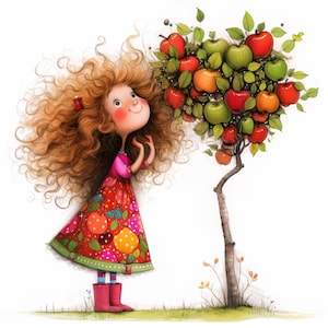Whimsical Apple Tree Tale Clip Art 10 High Res Watercolor JPGs Junk Journals, Scrapbooking, Card Making, Digital Download Kit, Fantasy