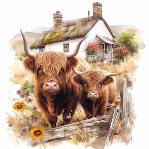 10 Highland Cow Clipart Bundle, Farm Animal Illustration, Printable Watercolor Clipart, High Quality JPG, Paper Craft, Junk Journals