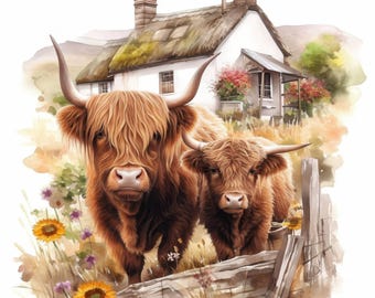 10 Highland Cow Clipart Bundle, Farm Animal Illustration, Printable Watercolor Clipart, High Quality JPG, Paper Craft, Junk Journals