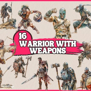 Puede incluir: Un conjunto de ilustraciones digitales de 16 guerreros con diversas armas, incluyendo espadas, arcos, hachas y escudos. Los guerreros se representan en una variedad de poses y expresiones, y la obra de arte se realiza en un estilo de acuarela.