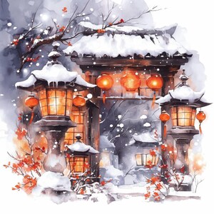 May include: Watercolor painting of a snowy Japanese scene. The image features a traditional gate and stone lanterns with orange glowing lights. Red blossoms and falling snow add to the winter ambiance. The artwork has a soft, dreamy quality.