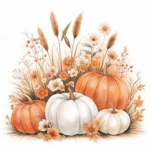 15 Floral Pumpkin Clipart Bundle, Cozy Fall Bouquet Illustration, Printable Watercolor Clipart, High Quality JPG, Paper Craft, Junk Journals