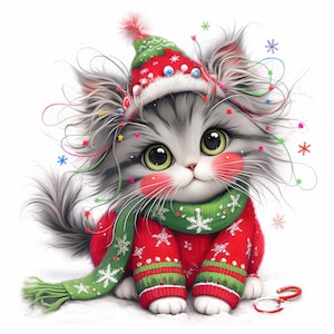 Quirky Christmas Cat Clip Art 12 High Res Watercolor JPGs for Junk Journals, Scrapbooking, Card Making, Digital Download, Fantasy, Whimsical