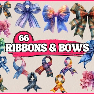Watercolor Ribbon Bow Clipart Bundle, Ribbons and Bows Colorful Clip Art Set, Cute Ornament PNG Graphics, Illustration Commercial Use