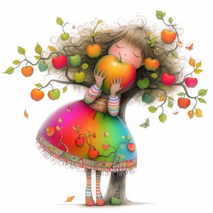 Whimsical Apple Girl Clip Art 10 High Res Watercolor JPGs Junk Journaling, Scrapbooking, Card Making, Digital Download Kit, Fantasy, Quirky