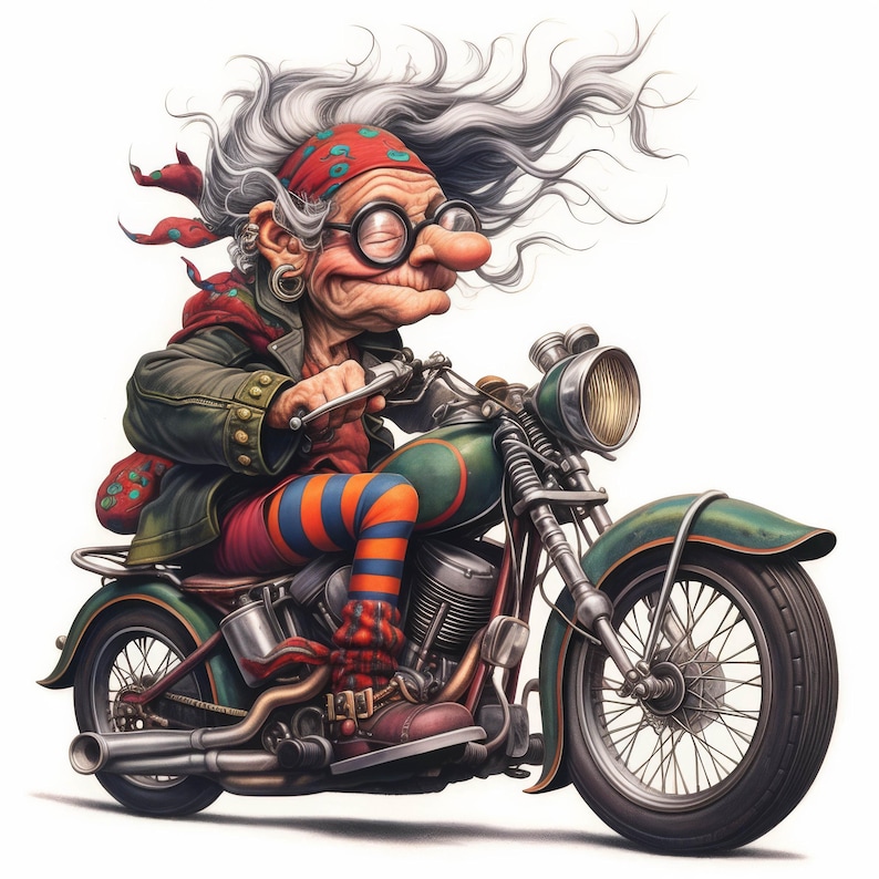Puede incluir: Una ilustraci&oacute;n de dibujos animados de una mujer con cabello gris y un pa&ntilde;uelo rojo montando una motocicleta verde. Lleva una chaqueta verde, pantalones rojos y medias a rayas naranja y azules.