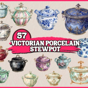 Pode incluir: Uma coleção de 57 panelas de cozimento de porcelana vitoriana em várias cores e padrões, incluindo azul e branco, verde e branco e vermelho e dourado. As panelas são todas decoradas com detalhes intrincados e são perfeitas para adicionar um toque de charme vintage a qualquer cozinha.