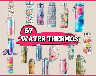 May include: 67 Watercolor Water Thermos. A collection of colorful water bottles with various patterns and designs. The bottles are made of stainless steel and have a variety of colors, including blue, green, pink, and purple.