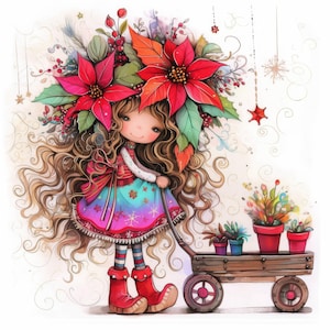 Little Poinsettia Girl Clip Art 10 High Res Watercolor JPGs for Junk Journals, Scrapbooking, Card Making, Digital Download, Fantasy, Flowers