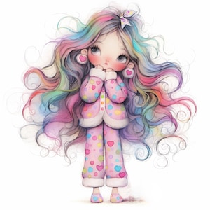 Quirky Sleepy Girl in Pink Clip Art 14 High Res Watercolor JPGs Junk Journals, Scrapbook, Card Making, Digital Download, Fantasy, Whimsical