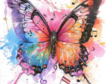 11 Butterfly Music Notes Clipart Bundle, Artistic Musical Motif Illustration, Printable Watercolor Clipart, High Quality JPG, Paper Craft